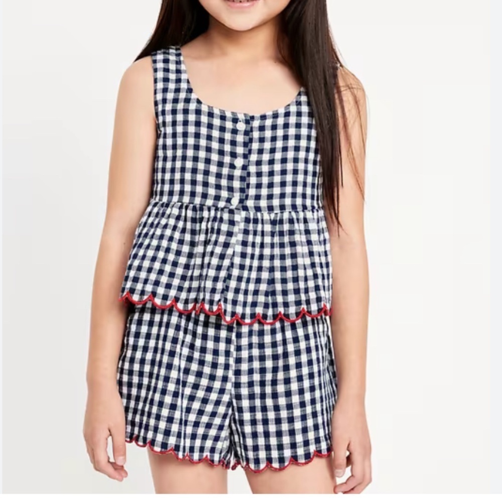Old Navy Little Girls Blue Gingham Double Weave Tank Scalloped Shorts SMALL 6/7